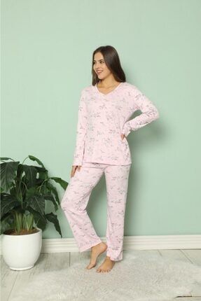Kadın Büyük Beden Pamuklu Çiçek Desenli Pijama Takımı - 7345pe KB19031