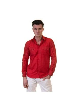 Erkek Kırmızı Western Stil Cepli Keten Gömlek BC8171
