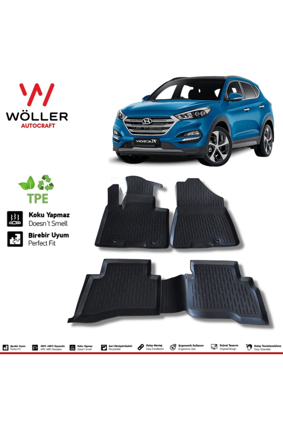 Напольный коврик Wöller Hyundai Tucson, совместимый с 2016 по 2021 год, 3D-коврик для бассейна wöller3dpaspas047