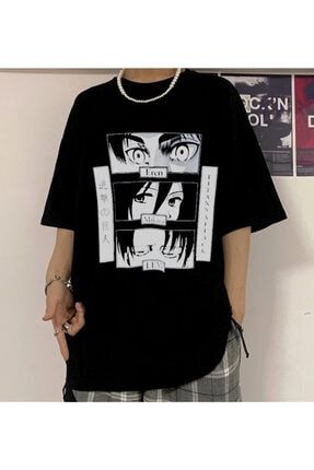 Siyah Geniş Kalıp Attack On Titan Baskılı Unisex Anime T-shirt FRK05AOTMELFR