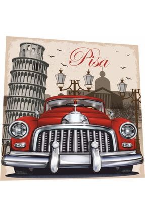 Italya Roma Piza Kulesi Klasik Araba 16 Cm X 16 Cm Retro Ahşap Poster 9132945564499
