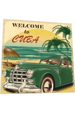 Kübaya Hoş Geldiniz Klasik Araba 16 cm X 16cm Retro Ahşap Poster 8665947294363