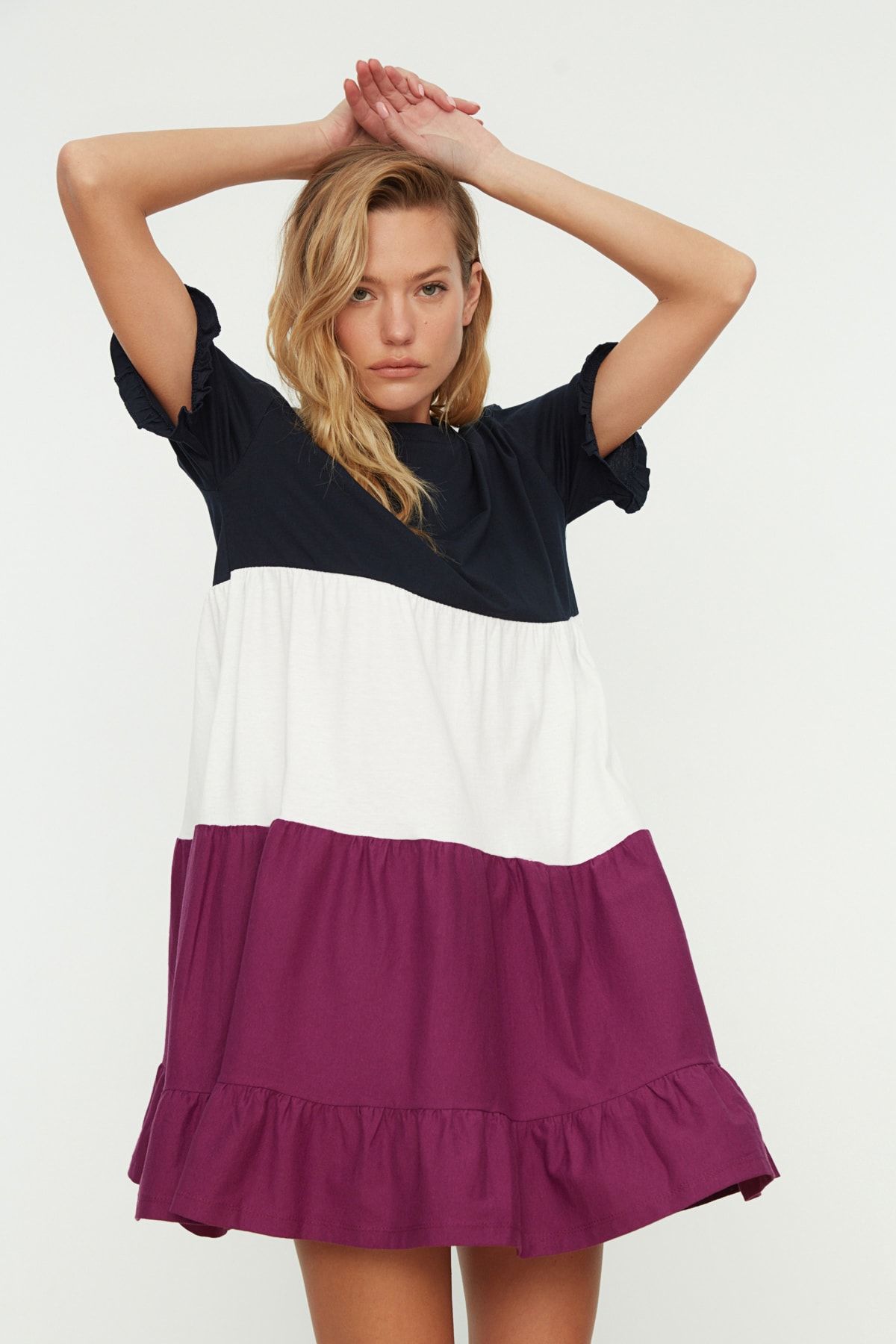 Kolekcia Trendyol-Námornícka modrá 100% bavlna Color Block Shift/Plain Mini pletené šaty TWOSS20EL1638 3