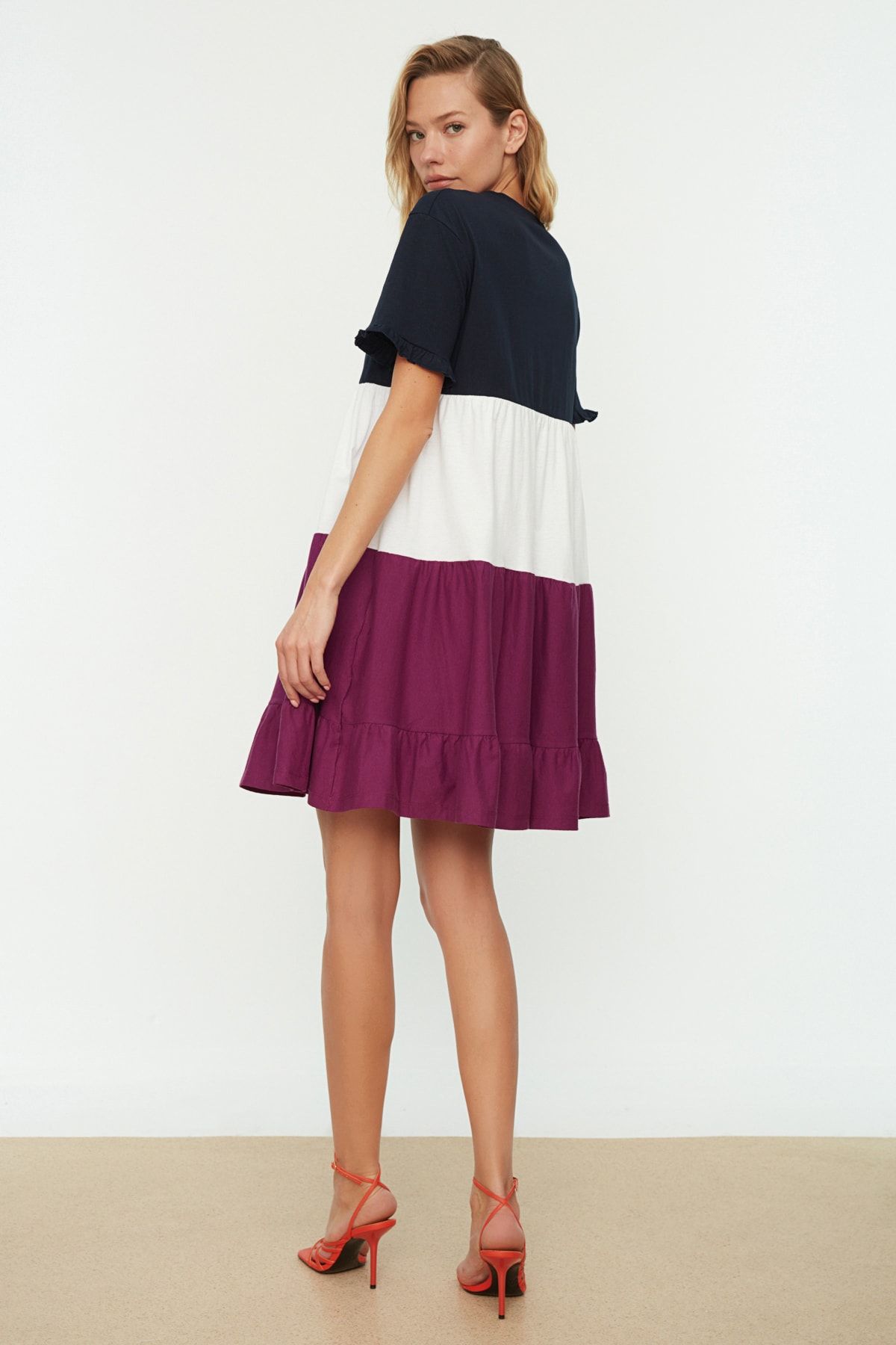 Kolekcia Trendyol-Námornícka modrá 100% bavlna Color Block Shift/Plain Mini pletené šaty TWOSS20EL1638 5