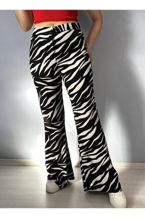 Zebra Desenli Ispanyol Paça Siyah Keten Kadın Pantolon 3828
