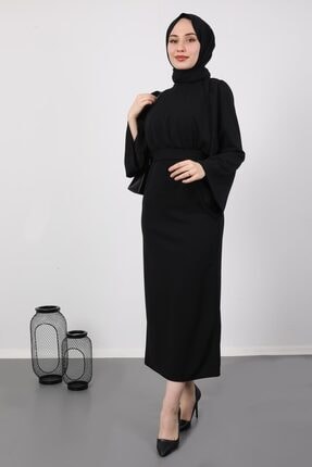 Göğsü Pelerinli Elbise Siyah 4454401