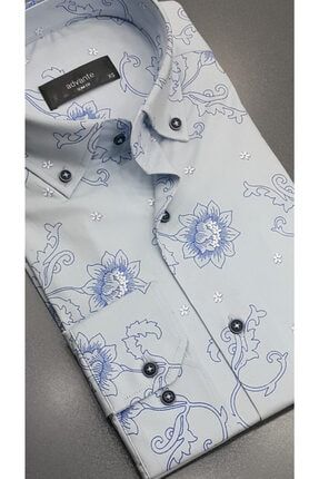 Mavi Slim Fit Uzun Kollu Çiçek Desenli Likralı Gömlek TYC00353049688