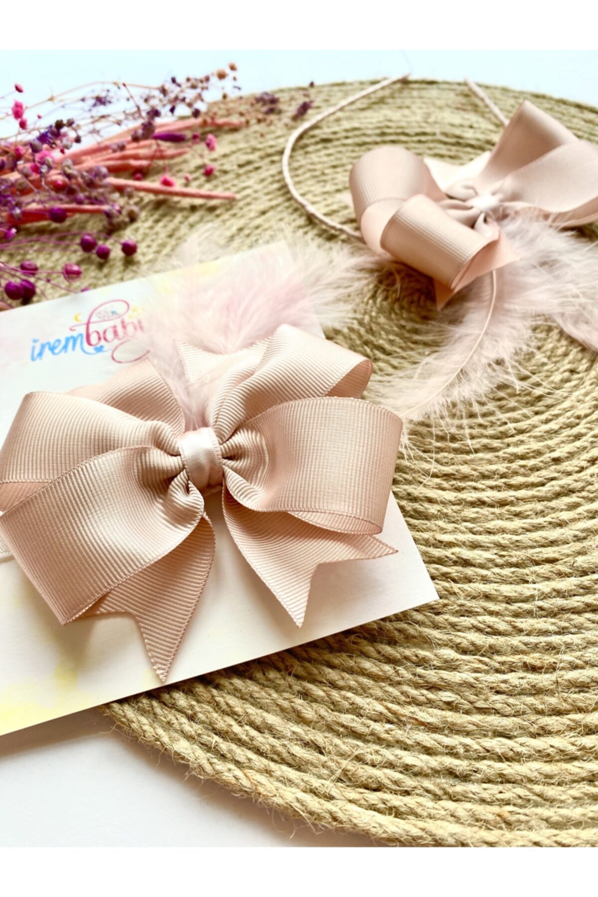 irembaby Anne Bebek Lohusa Seti Pudra Pembe Tüylü Fiyonk Lohusa Tacı Ve Bebek Saç Bandı Lohusa Takımı fotoğrafı 2 (önizleme)