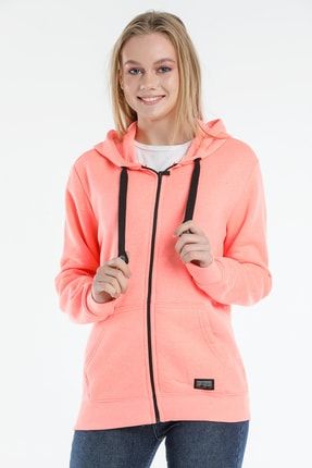Kadın Sweatshirt Kapüşonlu Fermuarlı Içi Polarlı 3 Iplik Slim Fit Parlak Neon Pembe Renk KDND444001