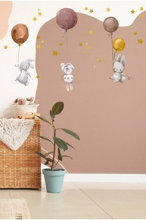 Sevimli Balonlu Tavşanlar Ve Yıldızlar Çocuk Odası Duvar Sticker KTSEAB017103