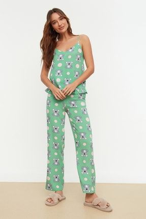 Yeşil Koala Desenli Fırfırlı Dokuma Pijama Takımı THMSS21PT0475