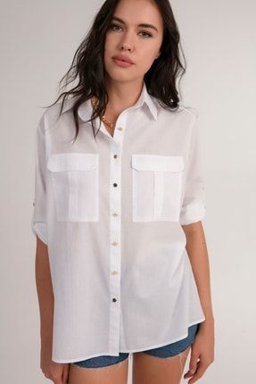 Kadın Beyaz Cep Detaylı Oversize Gömlek P21s201-2678 P21S201-2678