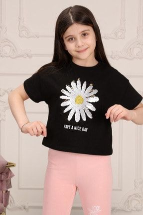 Kız Çocuk Siyah Bisiklet Yaka Papatya Nakış Baskılı Pullu Kısa Kollu T-shirt lmn021