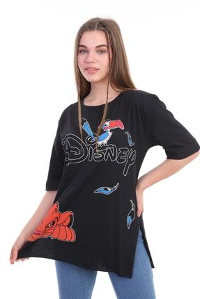 Kadın Disneyy Uzun Ve Yırtmaçlı Duble Kol Önü Baskılı T-shirt Ve Tunik THR1414