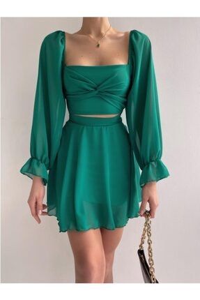 Yeşil Bel Detaylı Şifon Elbise AFŞ-YESNR