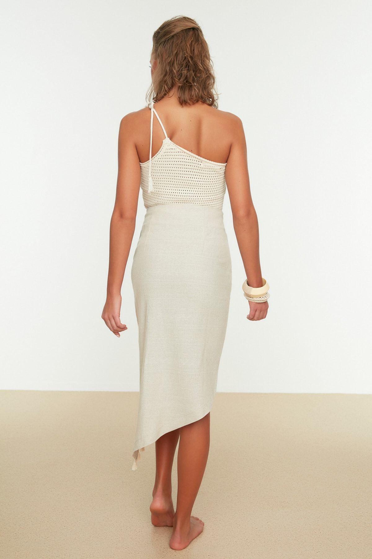 Trendyol Collection-Beigefarbener Strandrock aus Leinen mit Quasten, TBESS21ET0529 4
