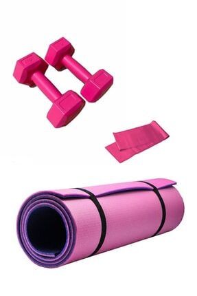Pembe-mor 8mm Pilates Ve Yoga Matı +1 Kg Demir Tozlu Dambıl (2 Adet ) + Direnç Bandı TAYZONSET-MPMDD