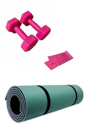 Haki 8mm Pilates Ve Yoga Matı +1 Kg Demir Tozlu Dambıl (2 Adet ) + Direnç Bandı TAYZON-SET-MDD