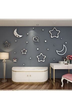 3d Akrilik Ay Ve Yıldızlar Gökyüzü Temalı Gümüş Duvar Sticker UATAKRLKSRS