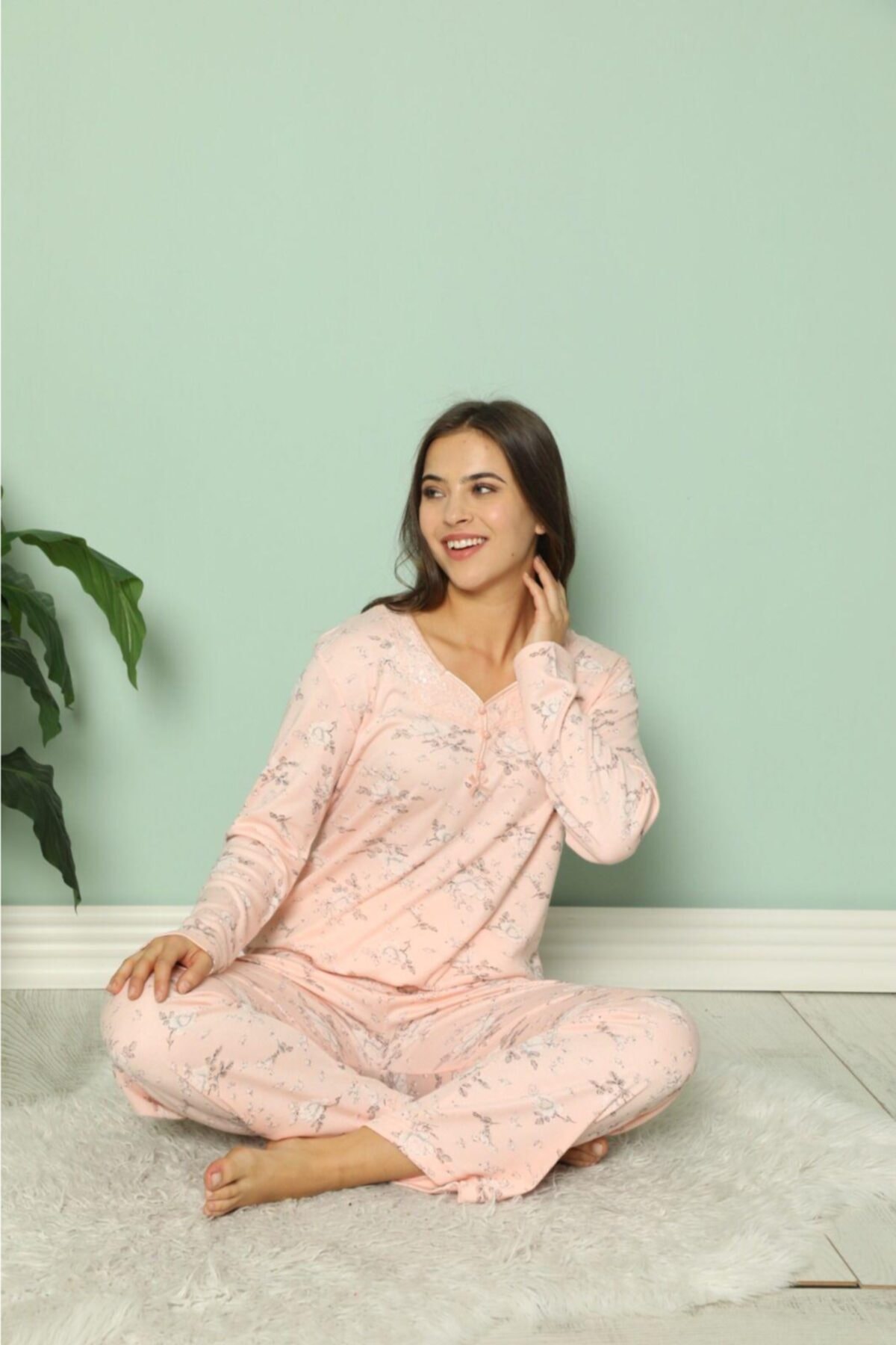 Manolya Kadın Büyük Beden Pamuklu Çiçek Desenli Pijama Takımı - 7345pu