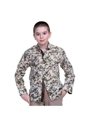 Erkek Çocuk Bej Üzeri Yeşil Kamuflaj Baskılı Gömlek KG1036