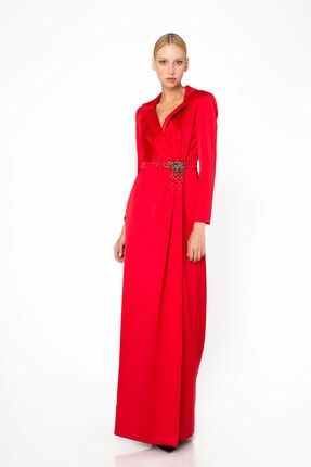 Taş İşleme Detaylı Kırmızı Uzun Gece Elbisesi M0KM5C01813FF