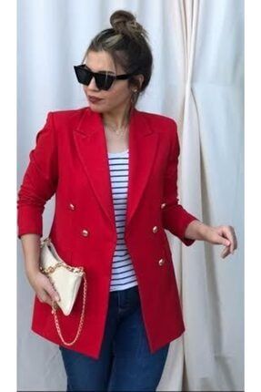 Ashley Uzun Gold Düğmeli Koyu Kırmızı Renk Blazer Ceket DRN5566