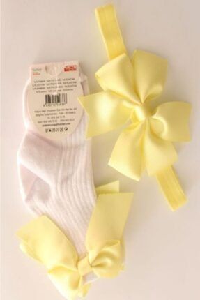 Çocuk Renkli Kurdeleli Beyaz Çorap ve Bandana Takım BÇ1003