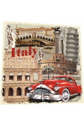 Italya Roma Tarihi Eserleri Önünde Kırmızı Klasik Araba 16 Cm X 16 Cm Retro Ahşap Poster 3754342067642