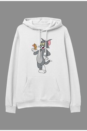Oversize Tom And Jerry Tasarım Baskılı Kapüşonlu Sweatshirt Hoodie KRG0683H