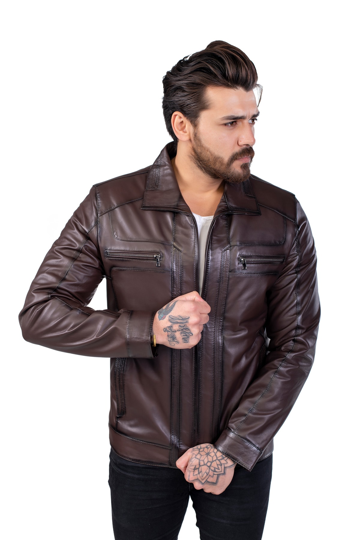 کاپشن مردانه قهوه ای BEKA DERİ | OZİ03 اورجینال - تصویر 2