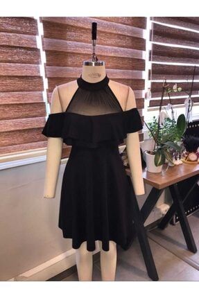 Siyah Esnek Krep Kumaş Volanlı Tül Yaka Detaylı Mini Elbise Abiye Elbise TKN-665