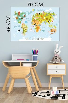 Eğitici Dünya Haritası Hayvanlar Alemi Türkçe 2 Deko Çocuk Odası Duvar Sticker 77010