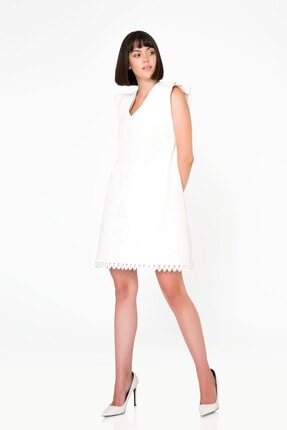 A Form Nakış İşlemeli Beyaz Mini Denim Elbise M0KM5C1071M52