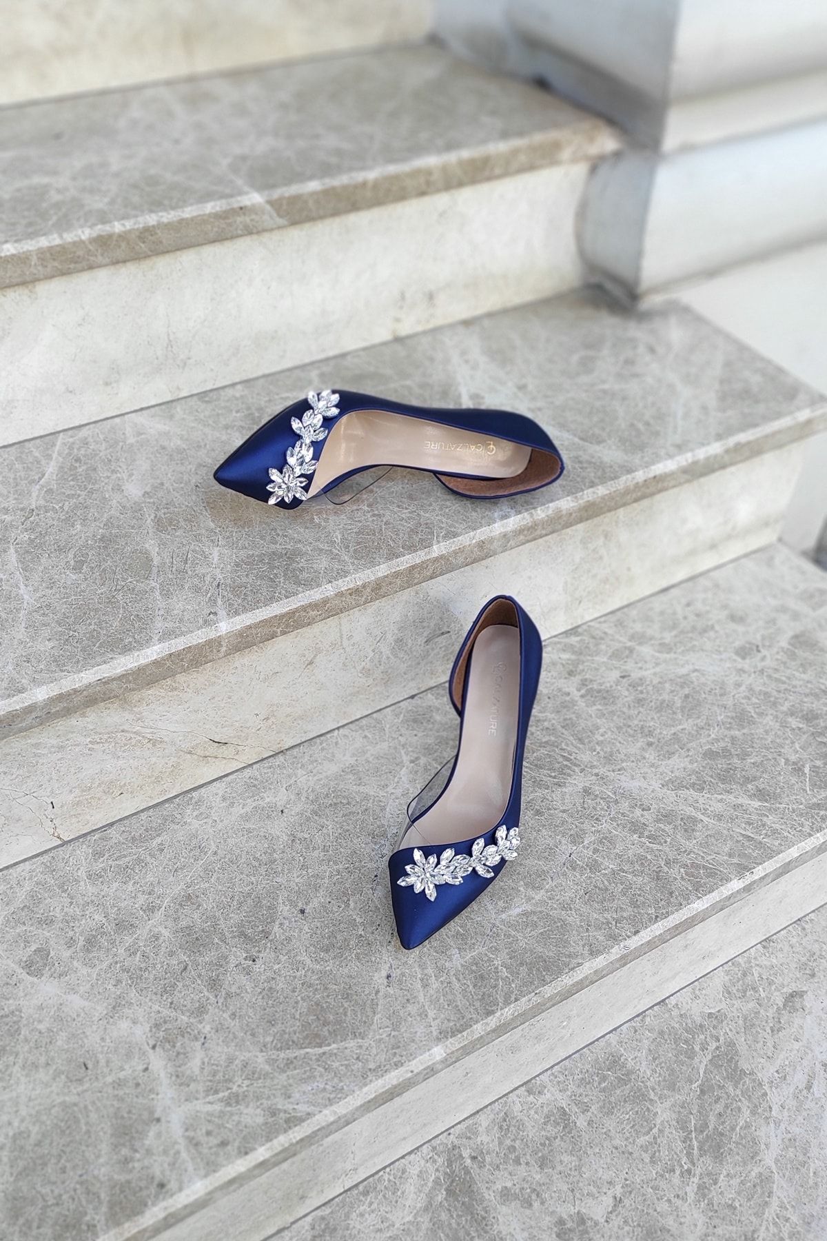 LA CALZATURE Navy Blue Satin 9cm Side Transparent Star Stone