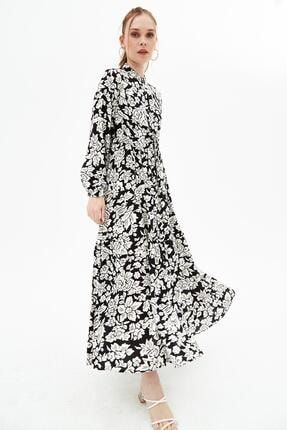 Kadın Siyah Desenli Düğmeli Mevsimlik Uzun Elbise P21s110-4412 P21S110-4412