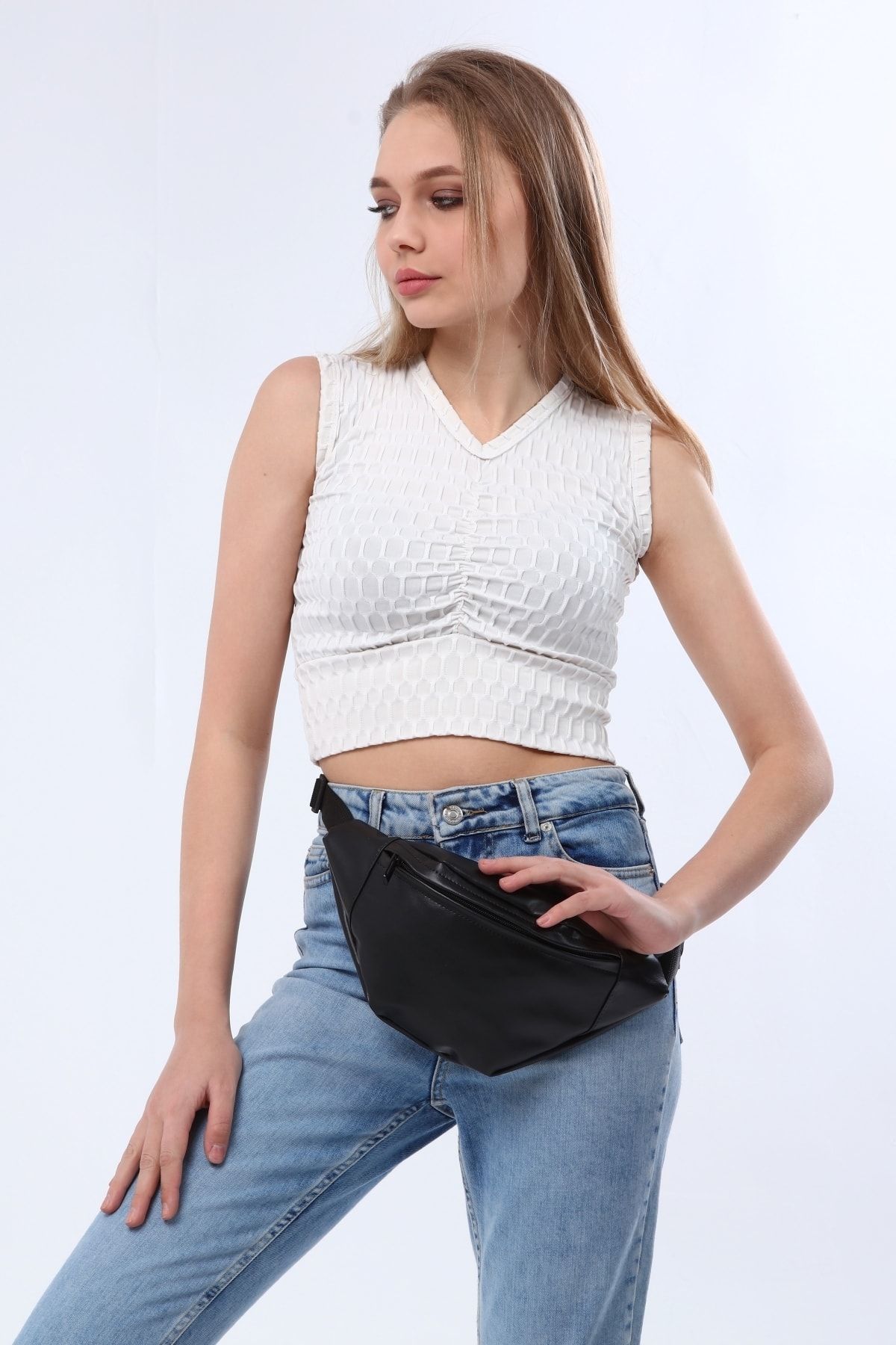 Flaner Bag Siyah Suni Deri Bel ve Omuz Çantası