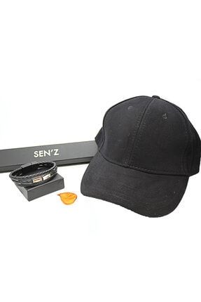 Özel Set Siyah Sade Şapka & Deri Örgü Bileklik EN5977