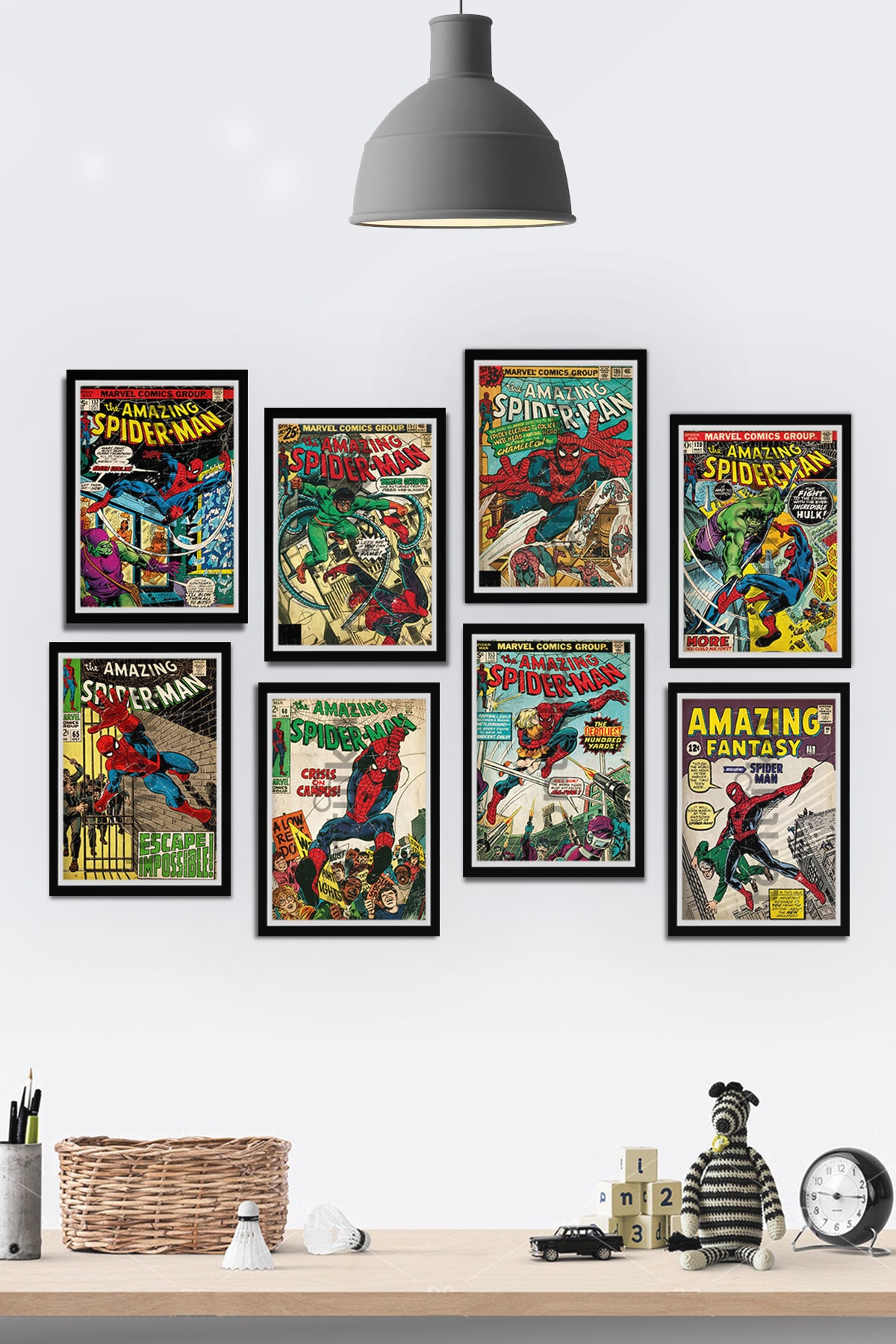 Tontilika 8 Parça Çerçeve Görünümlü Spiderman Örümcek Adam Çizgi Roman Comic Booktemalı Mdf Tablo Seti