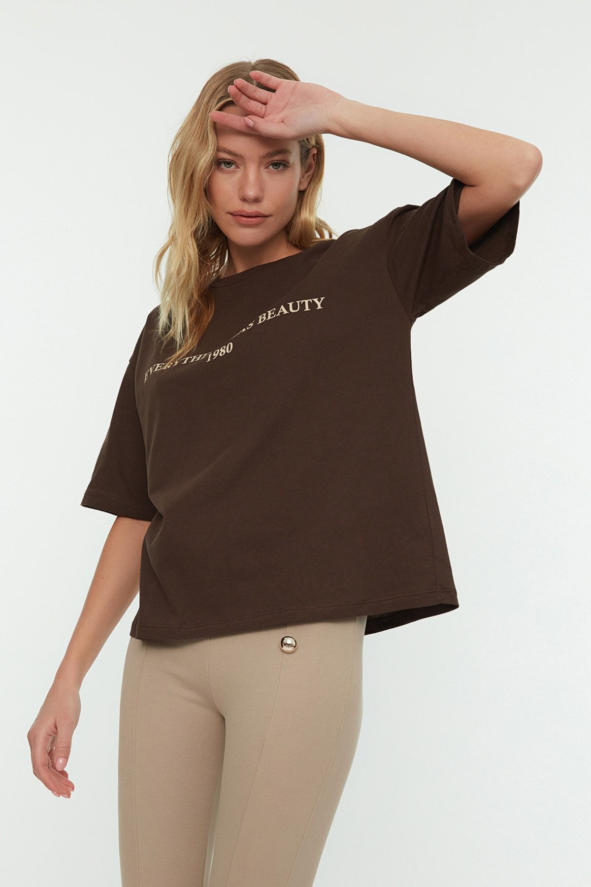 Trendyol Collection-Коричнева 100 бавовняна футболка з принтом з гаслом RelaxedGenis Relaxed Fit Orme TWOSS19GH0034 4
