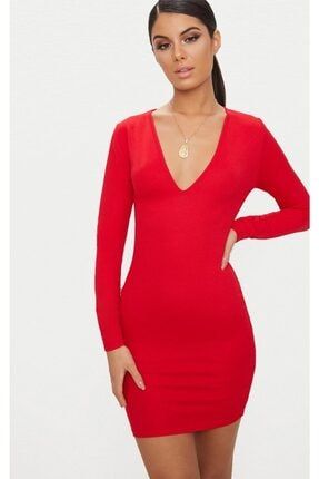 Göğüs Dekolteli Esnek Kumaş Kırmızı Mini Elbise Gece Elbisesi 372 ttkn-372
