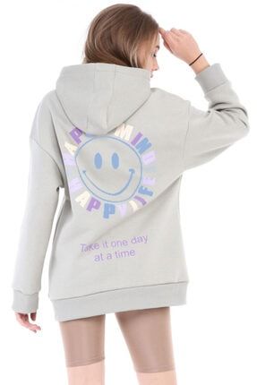 Kadın Kapüşonlu Oversize Sweatshirt Happy Mind Desenli Gri Sweatshirt 2203
