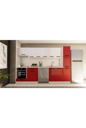 300 cm Gönül Hazır Mutfak Dolabı Aspiratör, Ankastre Ve Kiler Modüllü Parlak Beyaz Ve Kırmızı VI-0813HG