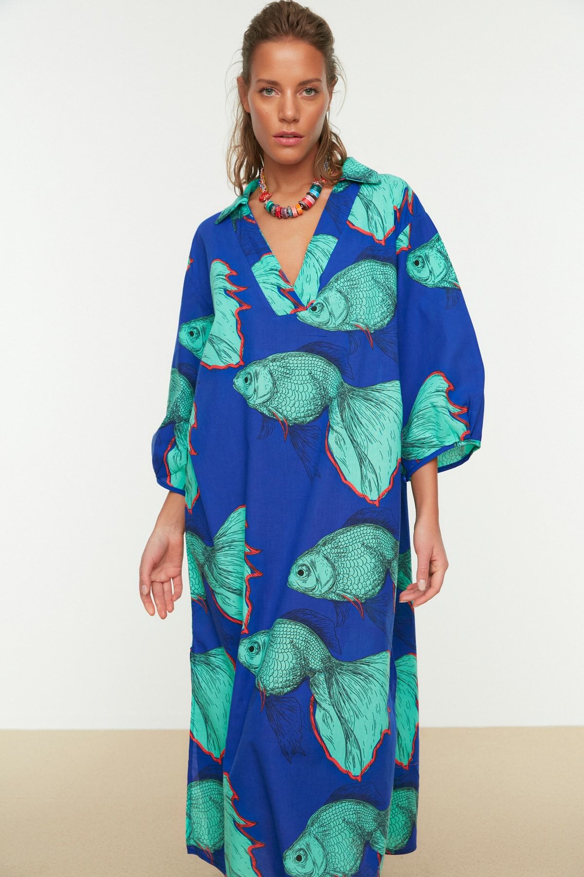 Trendyol Collection Underwater Patterned Wide Fit Midi Woven Balloon Sleeve 100% Cotton Beach Dress TBESS22EL0009