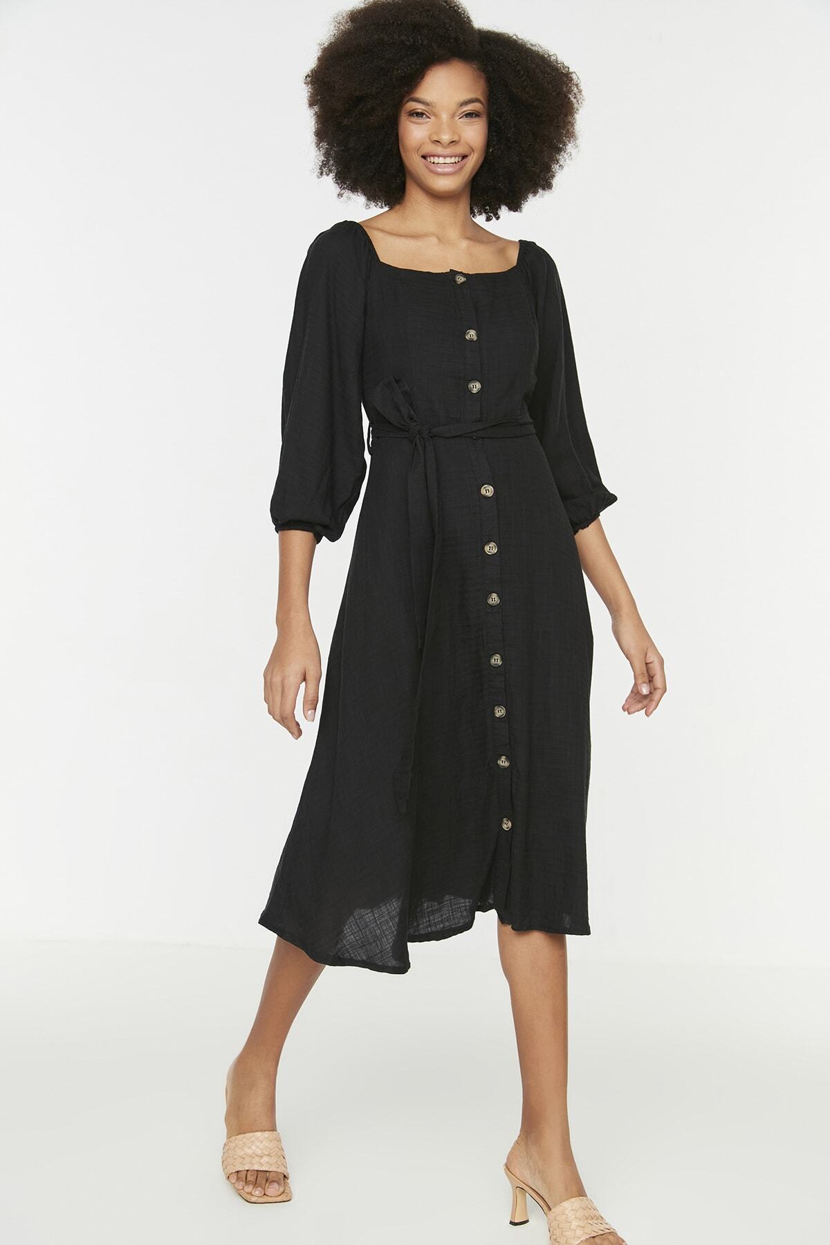 Trendyol Collection-Μαύρο υφαντό φόρεμα με κουμπιά TWOSS19IE0009 5