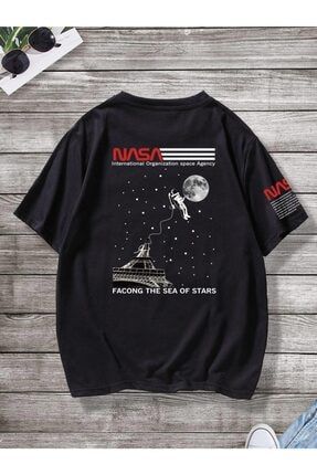 Erkek Siyah Oversize Nasa Baskılı T-shirt VBS-NASA