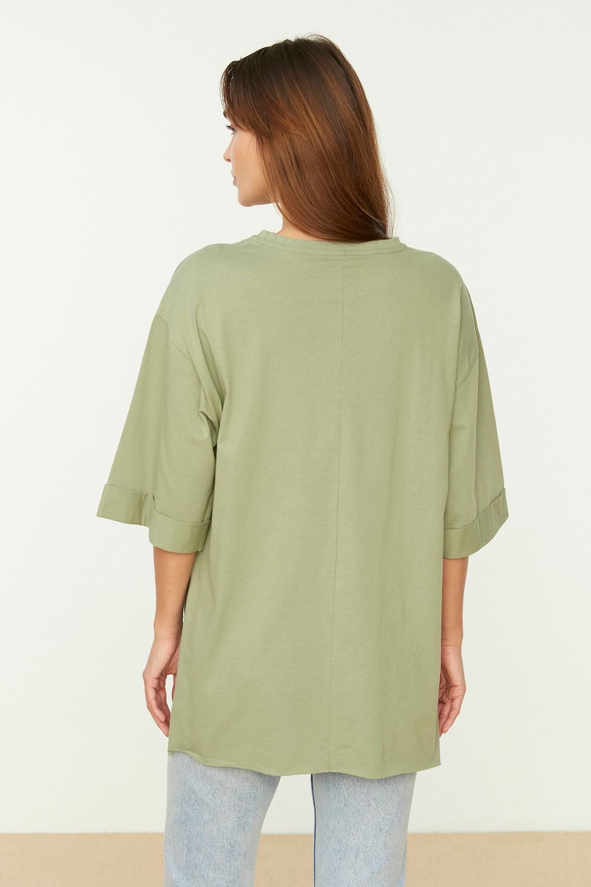 Trendyol Collection-Mintfarbenes, weit geschnittenes, asymmetrisches Boyfriend-Strick-T-Shirt mit zwei Ärmeln TWOSS20TS0828 5