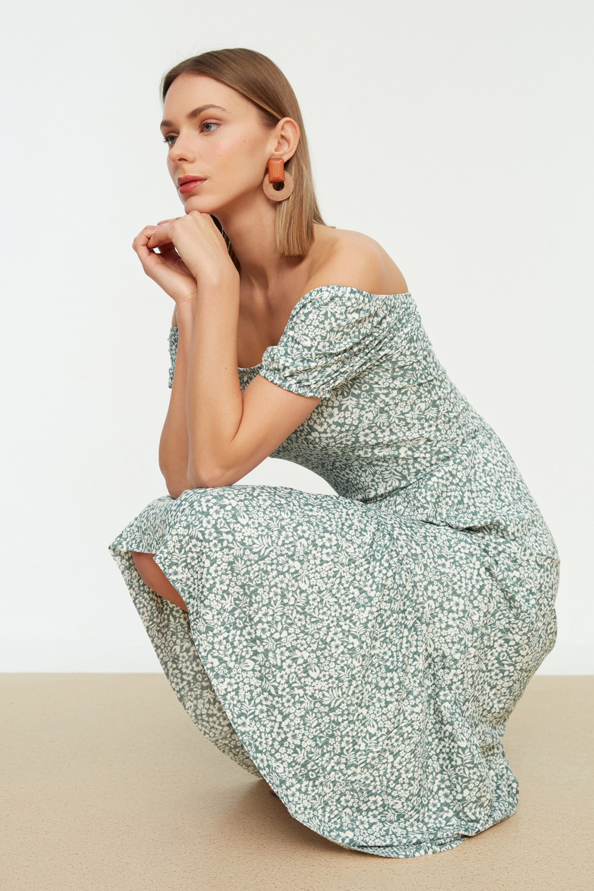 Trendyol Collection Mint Carmen Collar Printed Corduroy Knitted Dress