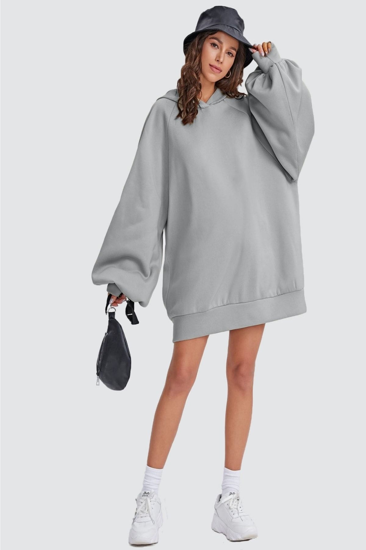 Soufeel Kadın Gri Kapüşonlu Oversize Sweatshirt Hoodie Balon Elbise