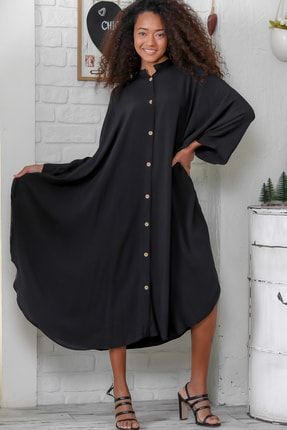 Kadın Siyah Dik Yaka Oversize Cepli Uzun Elbise M10160000EL93930